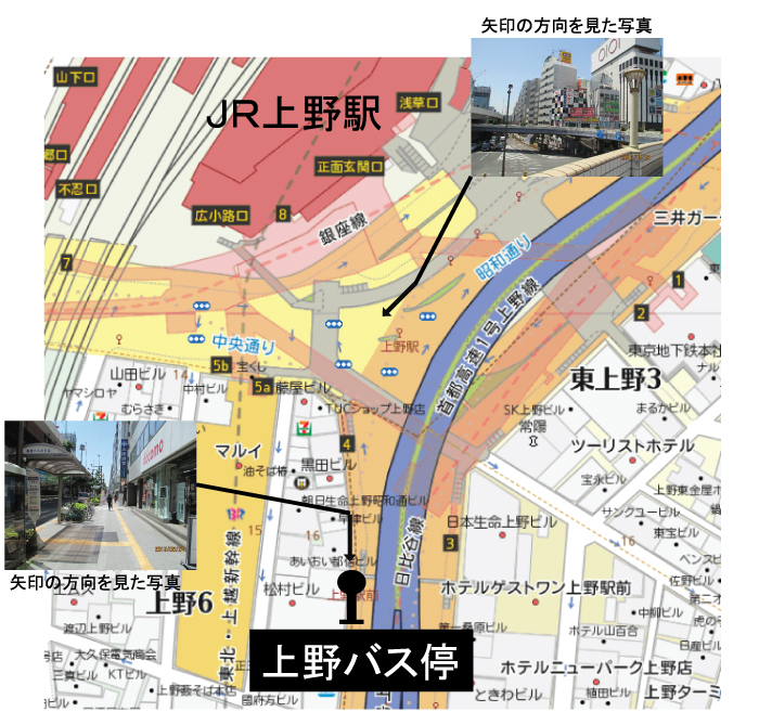上野駅前バス停地図（弘南バス パンダ号・スカイ号）